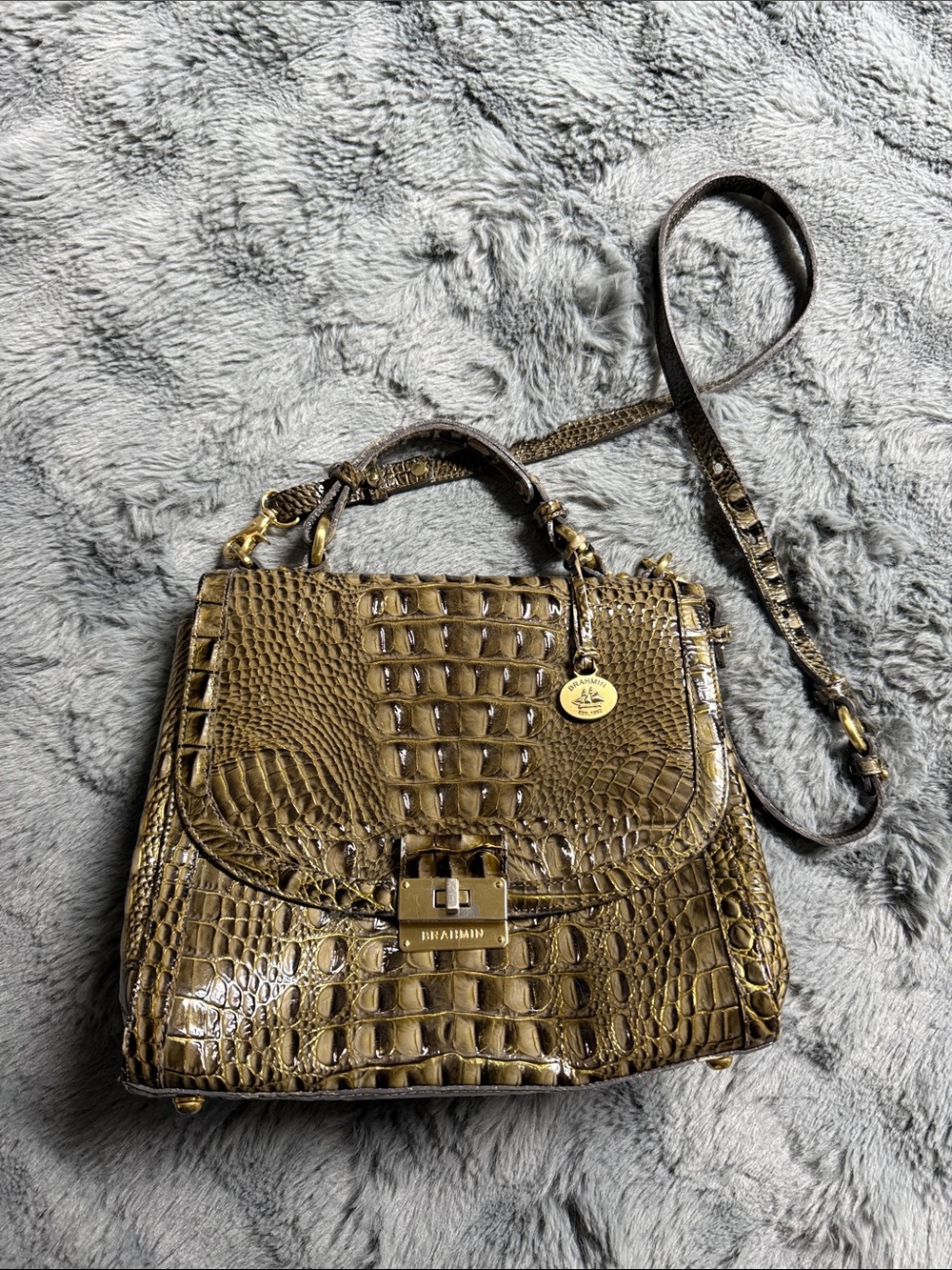 Brahmin Olive Green Croc-Embossed Leather Satchel with Gold Hardware